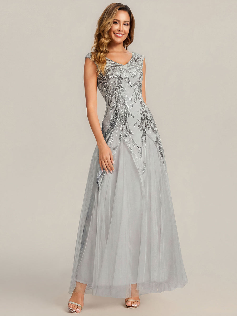 Freya Navy Sequin Embroidered Cap Sleeve Maxi Evening Dress