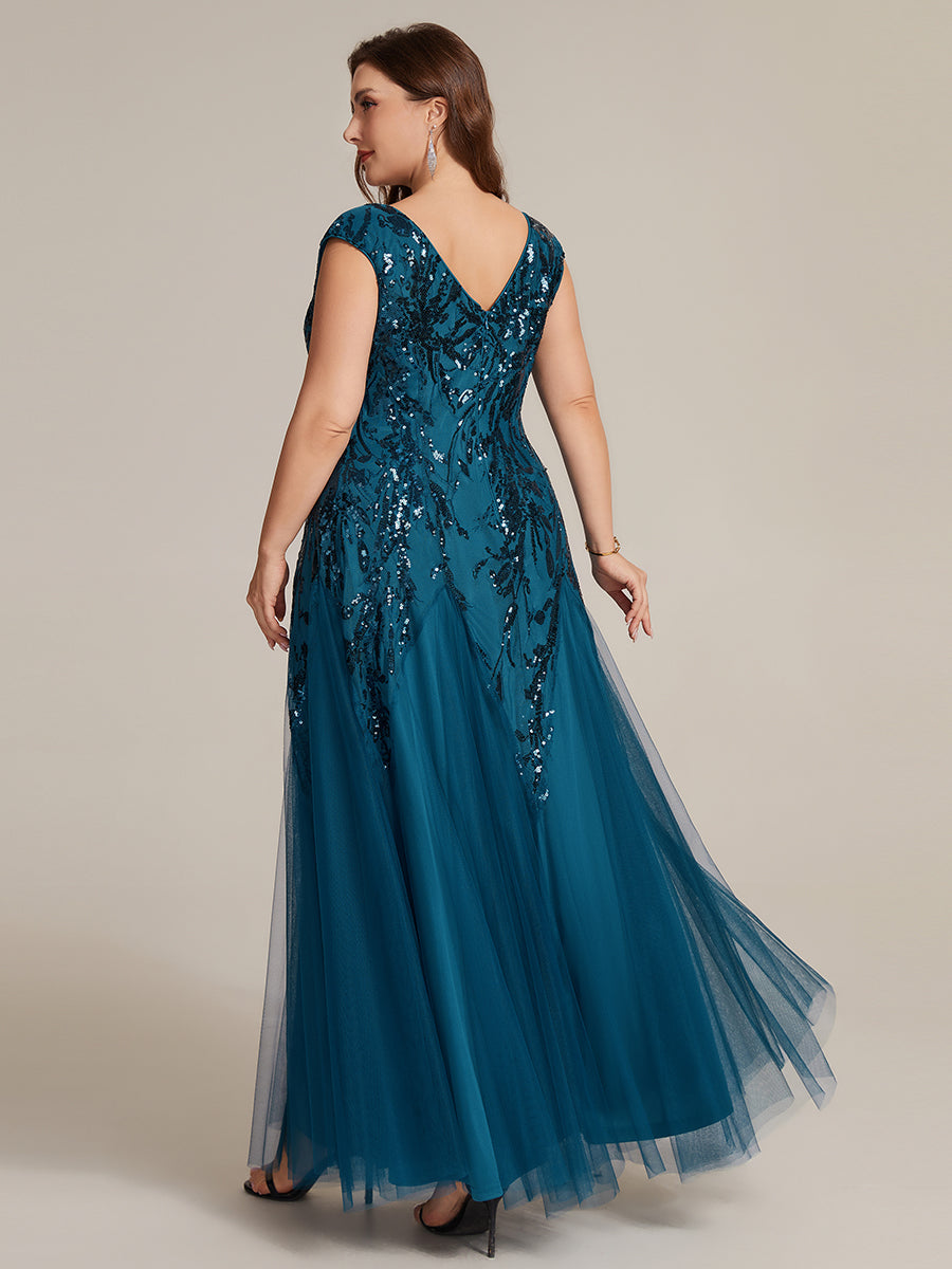 Freya Navy Sequin Embroidered Cap Sleeve Maxi Evening Dress