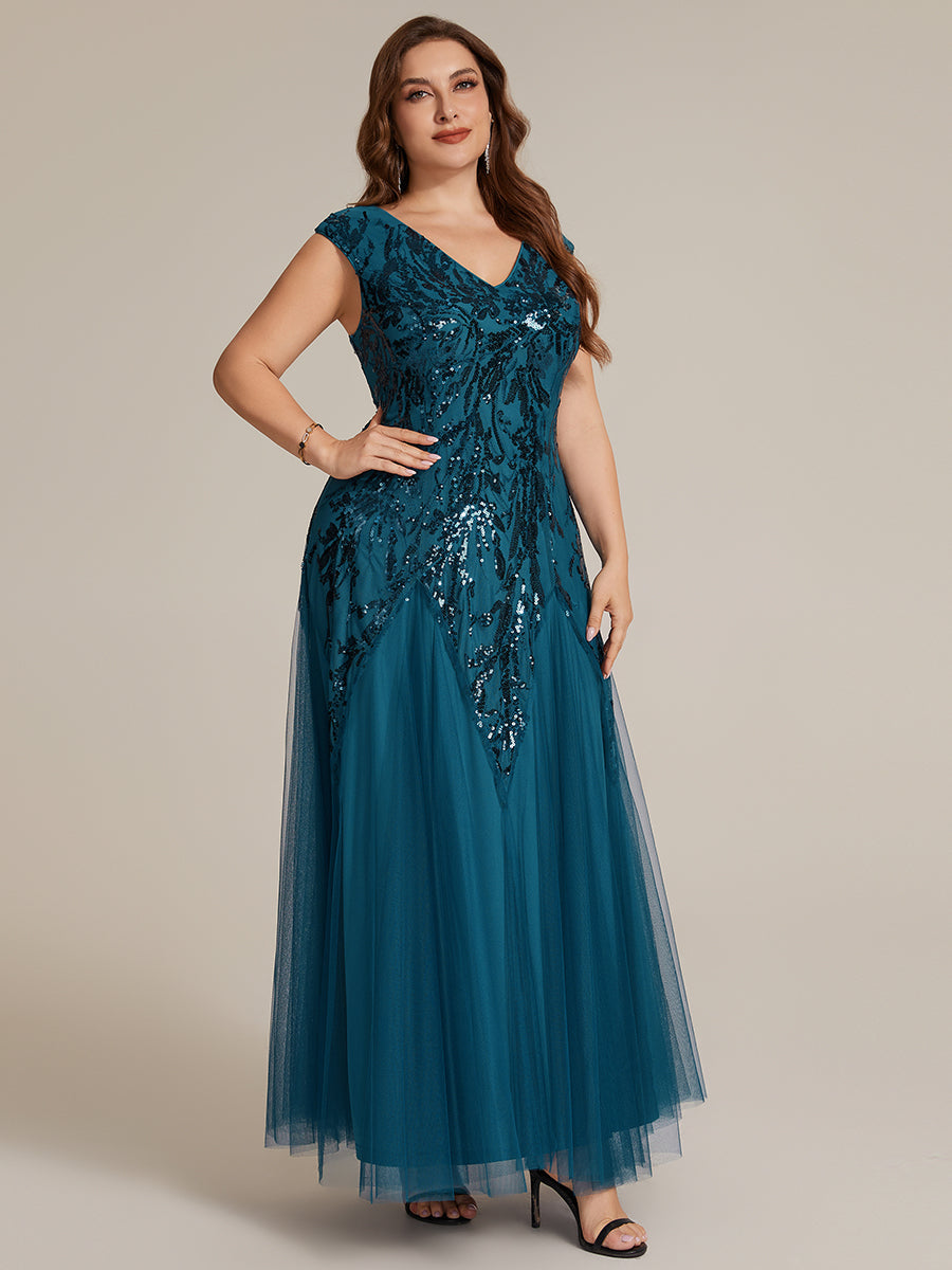 Freya Navy Sequin Embroidered Cap Sleeve Maxi Evening Dress