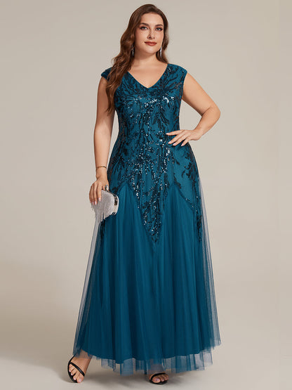 Freya Navy Sequin Embroidered Cap Sleeve Maxi Evening Dress