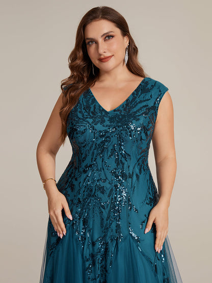 Freya Navy Sequin Embroidered Cap Sleeve Maxi Evening Dress
