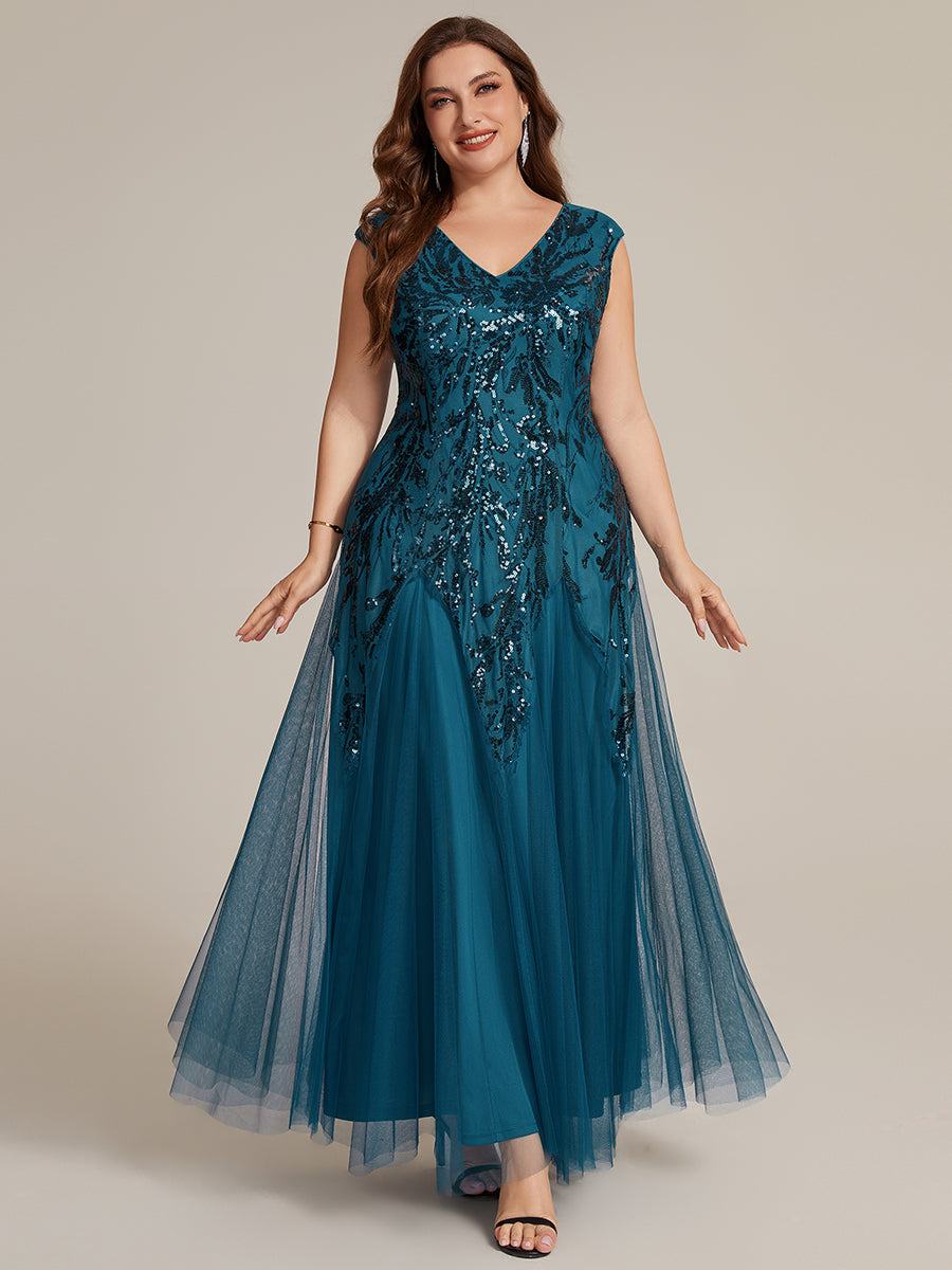 Freya Navy Sequin Embroidered Cap Sleeve Maxi Evening Dress