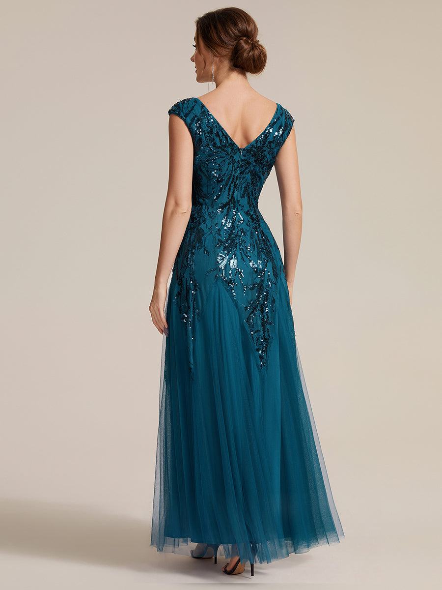 Freya Navy Sequin Embroidered Cap Sleeve Maxi Evening Dress