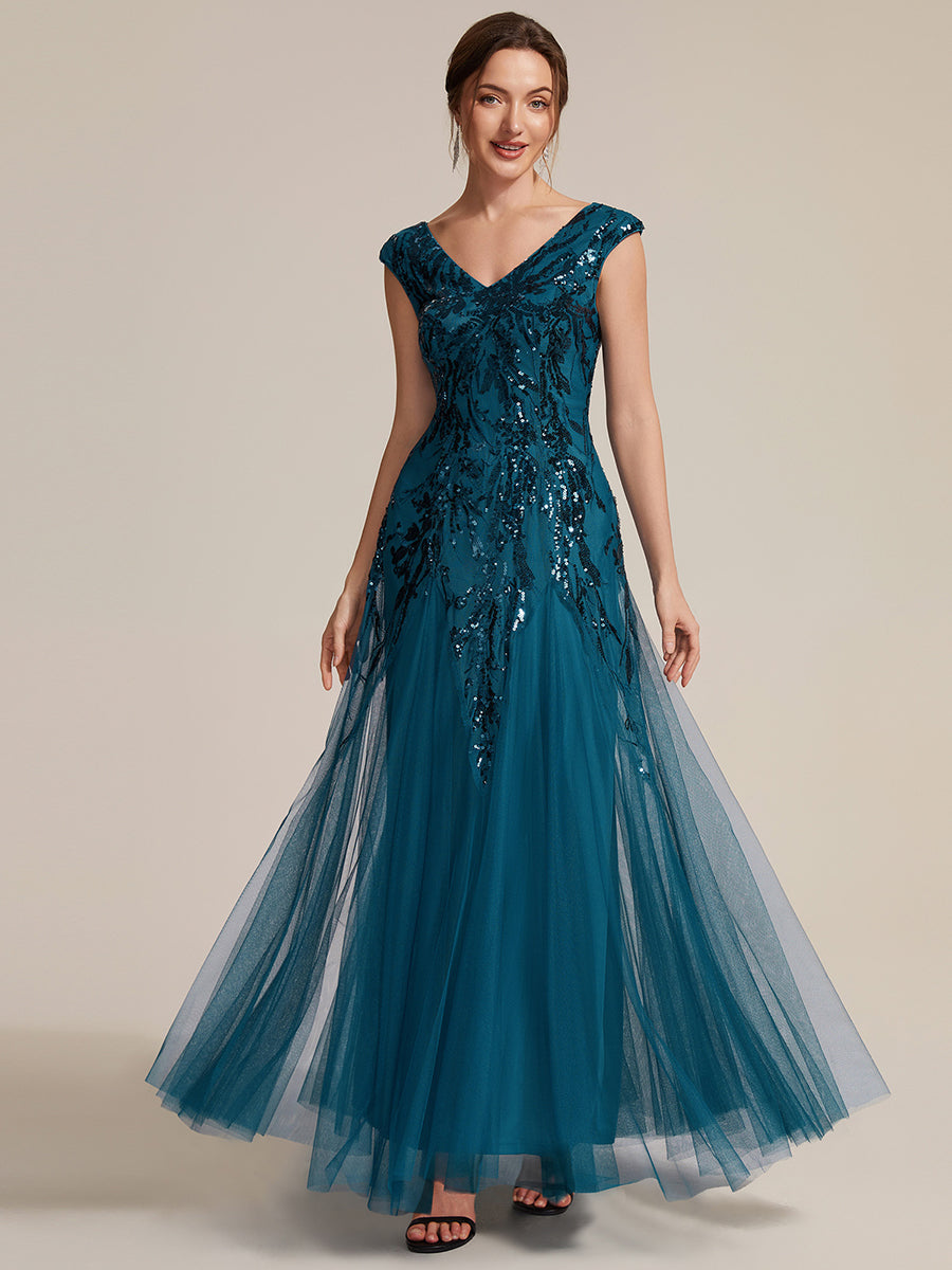 Freya Navy Sequin Embroidered Cap Sleeve Maxi Evening Dress