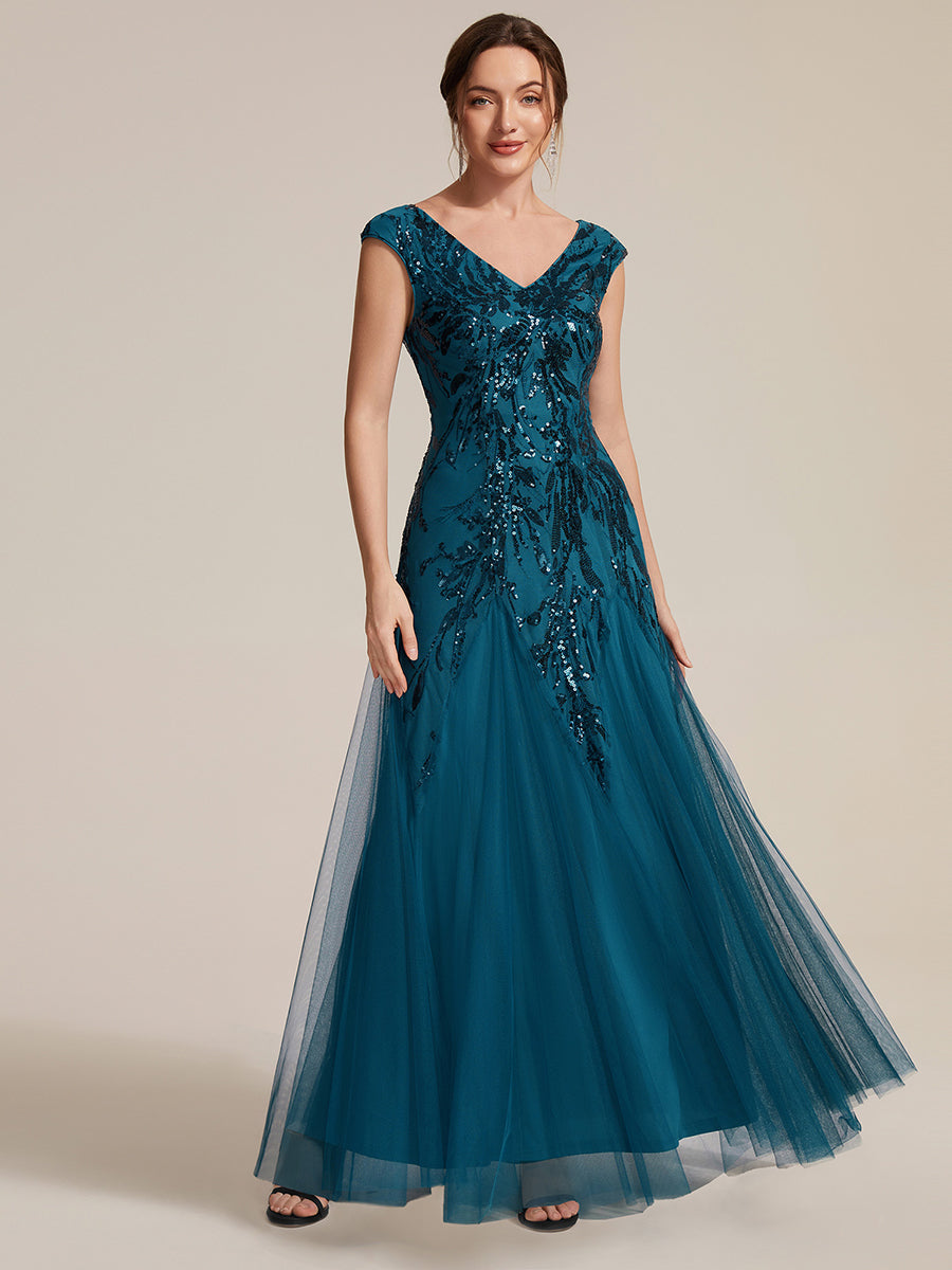 Freya Navy Sequin Embroidered Cap Sleeve Maxi Evening Dress