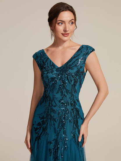 Freya Navy Sequin Embroidered Cap Sleeve Maxi Evening Dress