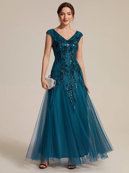 Freya Navy Sequin Embroidered Cap Sleeve Maxi Evening Dress