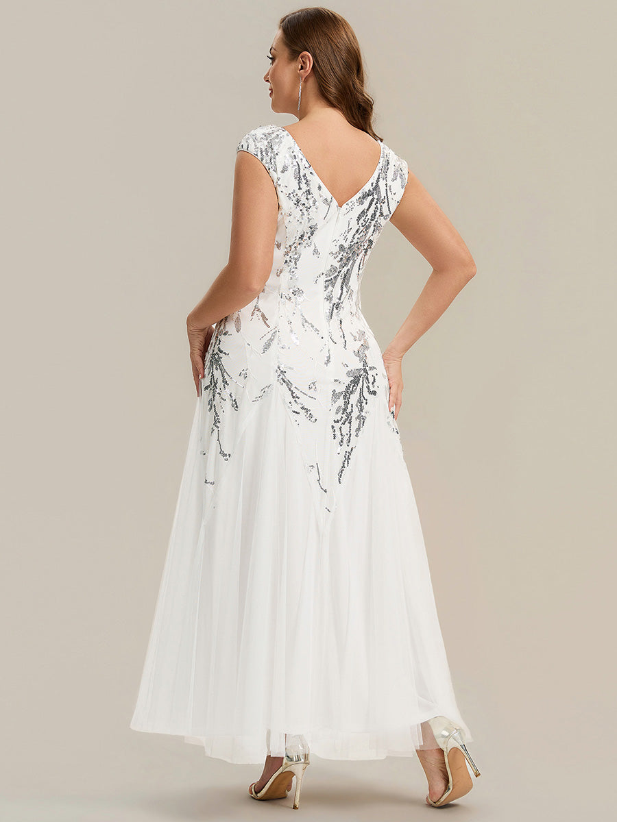 Freya Navy Sequin Embroidered Cap Sleeve Maxi Evening Dress