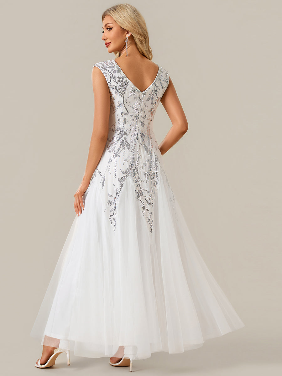 Freya Navy Sequin Embroidered Cap Sleeve Maxi Evening Dress