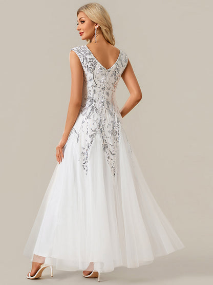 Freya Navy Sequin Embroidered Cap Sleeve Maxi Evening Dress