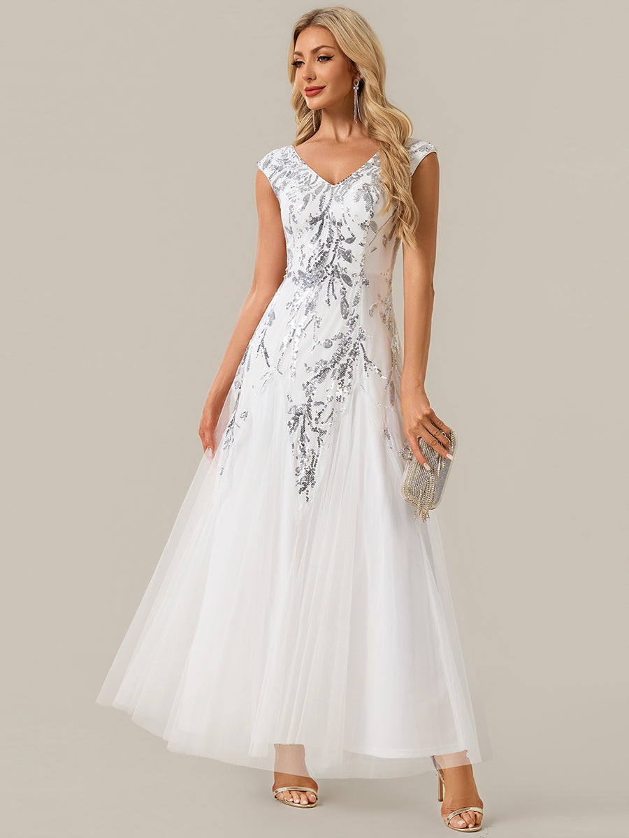 Freya Navy Sequin Embroidered Cap Sleeve Maxi Evening Dress