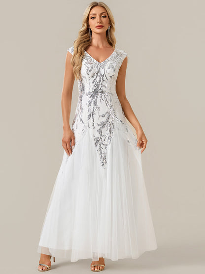 Freya Navy Sequin Embroidered Cap Sleeve Maxi Evening Dress