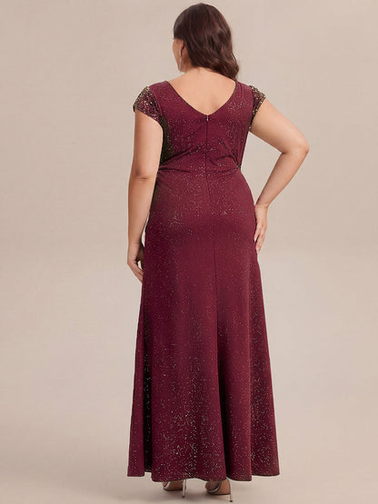KAIA Silver Knotted Sequin Cap Sleeve Maxi Evening Dress