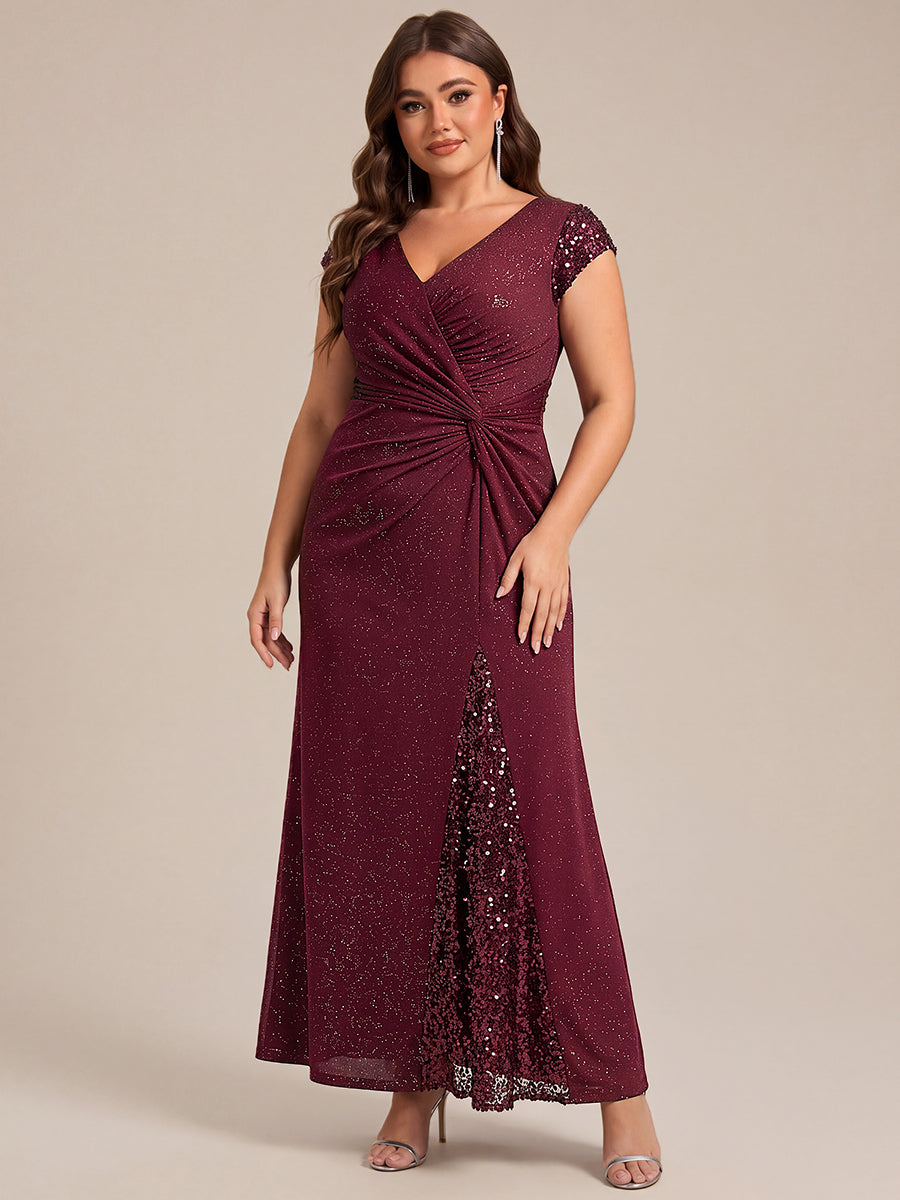 KAIA Silver Knotted Sequin Cap Sleeve Maxi Evening Dress