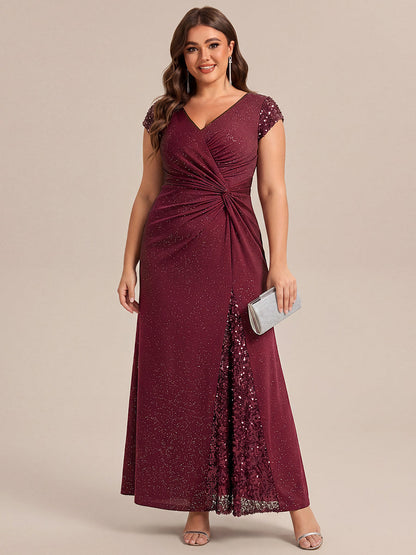 KAIA Silver Knotted Sequin Cap Sleeve Maxi Evening Dress