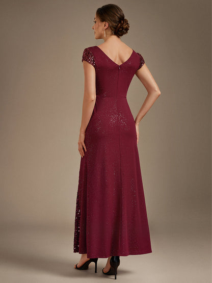 KAIA Silver Knotted Sequin Cap Sleeve Maxi Evening Dress