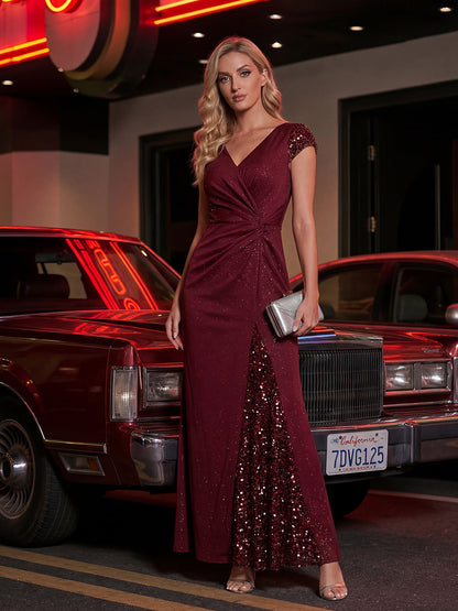 KAIA Silver Knotted Sequin Cap Sleeve Maxi Evening Dress