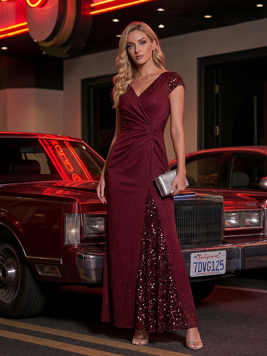 KAIA Silver Knotted Sequin Cap Sleeve Maxi Evening Dress