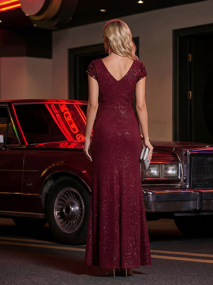 KAIA Silver Knotted Sequin Cap Sleeve Maxi Evening Dress