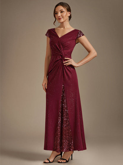 KAIA Silver Knotted Sequin Cap Sleeve Maxi Evening Dress