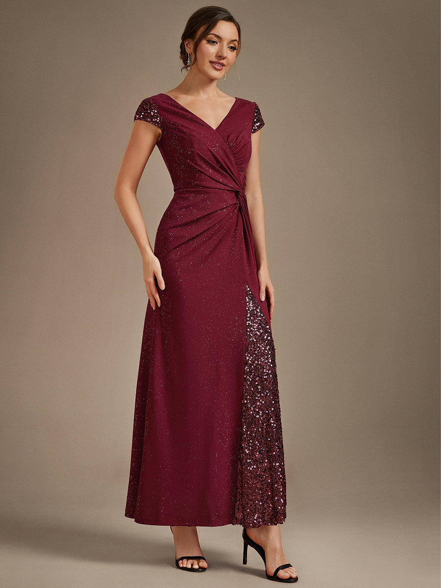 KAIA Silver Knotted Sequin Cap Sleeve Maxi Evening Dress