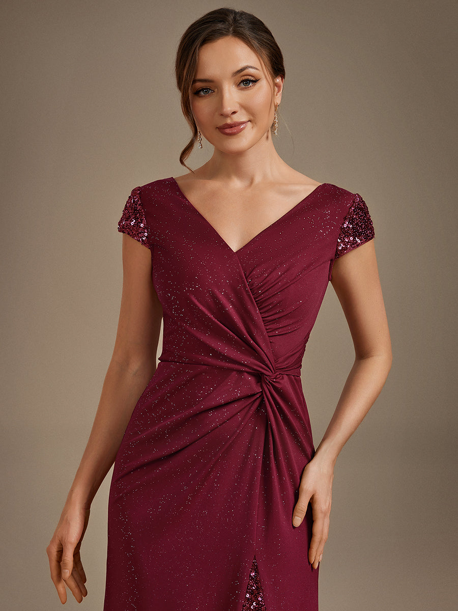 KAIA Silver Knotted Sequin Cap Sleeve Maxi Evening Dress