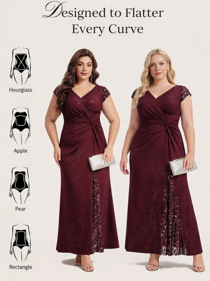 KAIA Silver Knotted Sequin Cap Sleeve Maxi Evening Dress