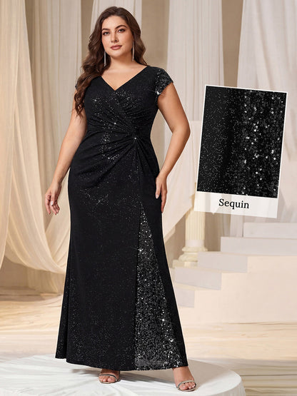 KAIA Silver Knotted Sequin Cap Sleeve Maxi Evening Dress