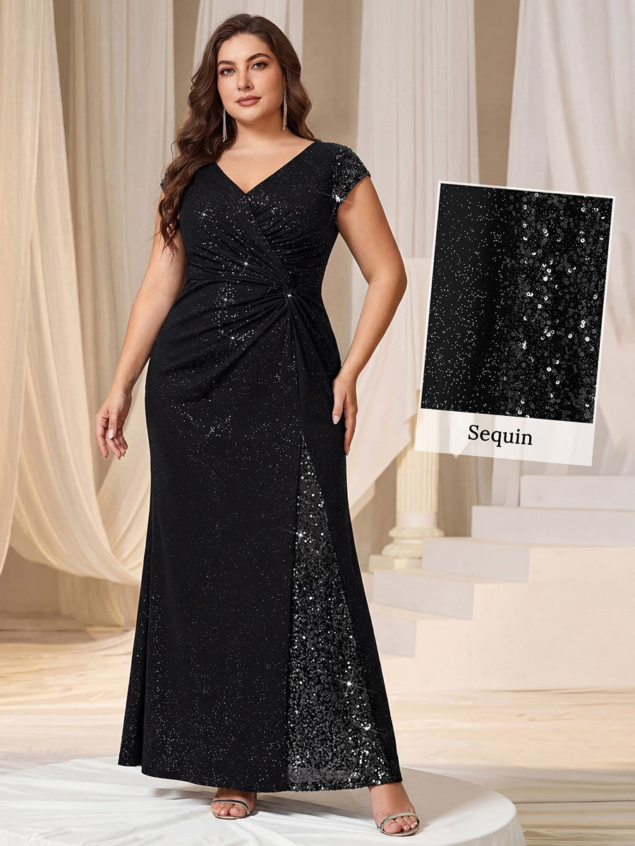 KAIA Silver Knotted Sequin Cap Sleeve Maxi Evening Dress