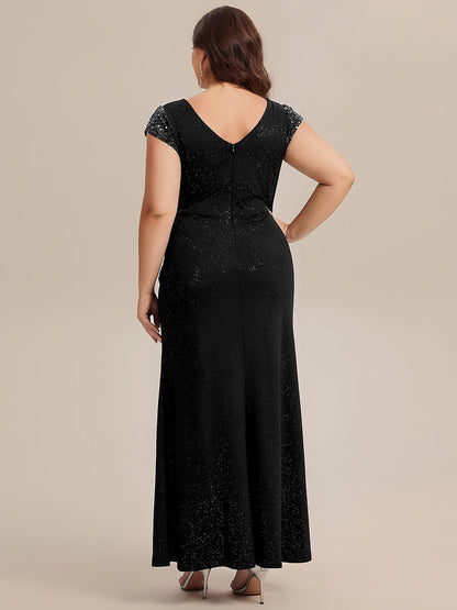 KAIA Silver Knotted Sequin Cap Sleeve Maxi Evening Dress