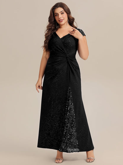 KAIA Silver Knotted Sequin Cap Sleeve Maxi Evening Dress