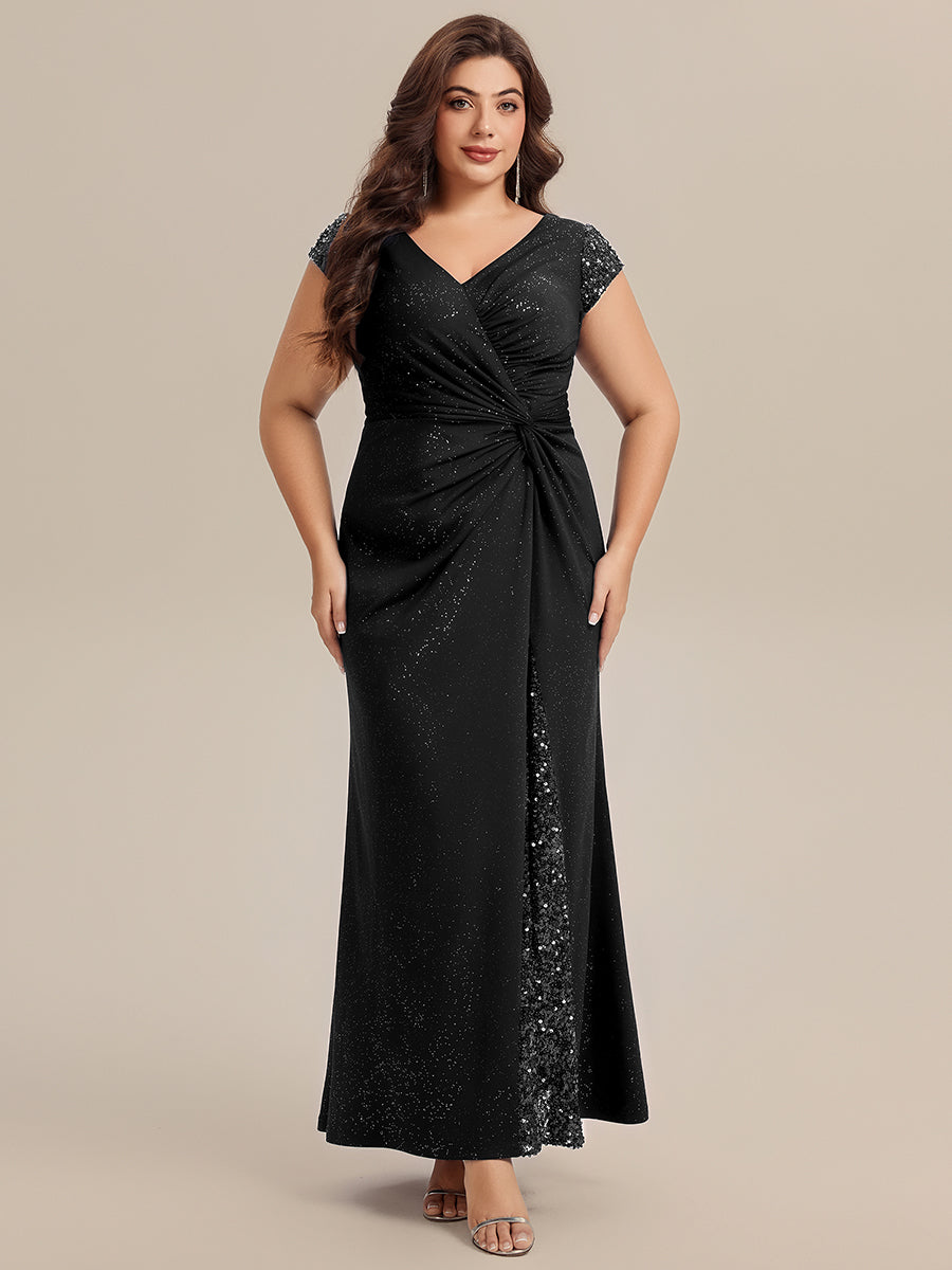 KAIA Silver Knotted Sequin Cap Sleeve Maxi Evening Dress