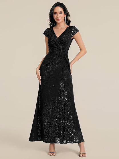 KAIA Silver Knotted Sequin Cap Sleeve Maxi Evening Dress