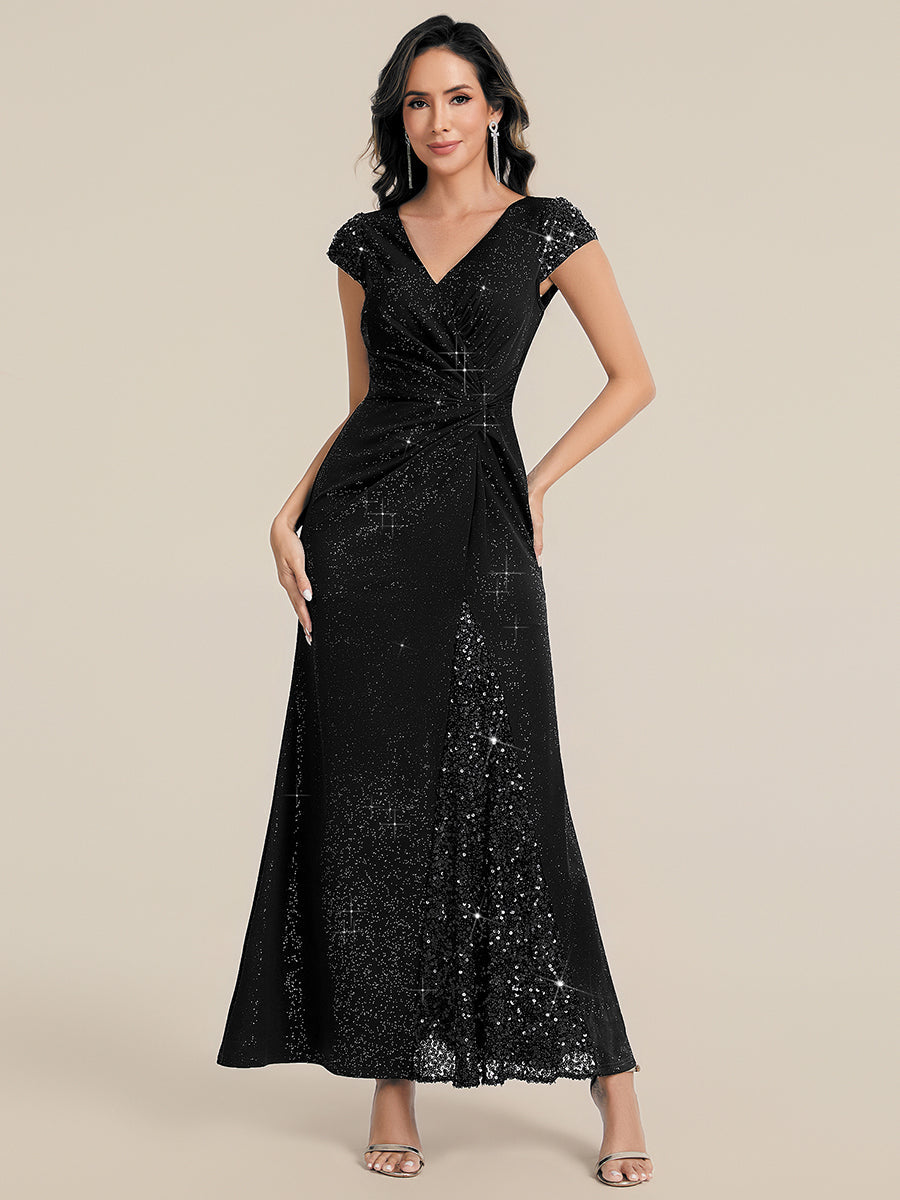 KAIA Silver Knotted Sequin Cap Sleeve Maxi Evening Dress