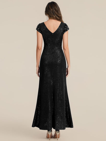 KAIA Silver Knotted Sequin Cap Sleeve Maxi Evening Dress