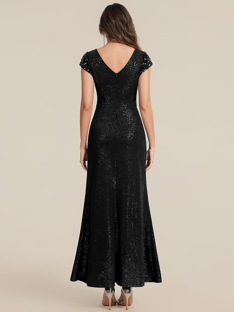 KAIA Silver Knotted Sequin Cap Sleeve Maxi Evening Dress