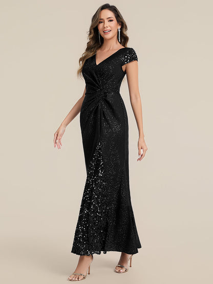 KAIA Silver Knotted Sequin Cap Sleeve Maxi Evening Dress