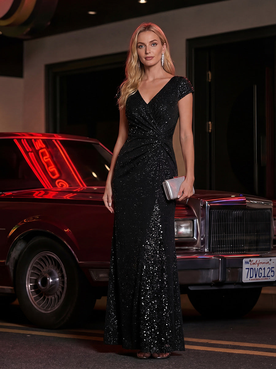 KAIA Silver Knotted Sequin Cap Sleeve Maxi Evening Dress