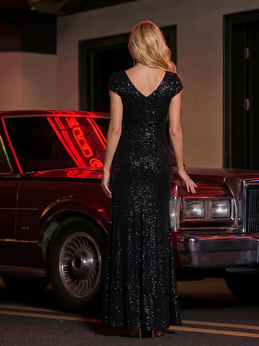 KAIA Silver Knotted Sequin Cap Sleeve Maxi Evening Dress