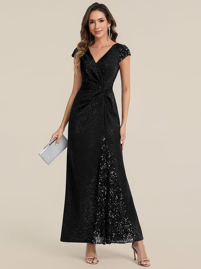 KAIA Silver Knotted Sequin Cap Sleeve Maxi Evening Dress