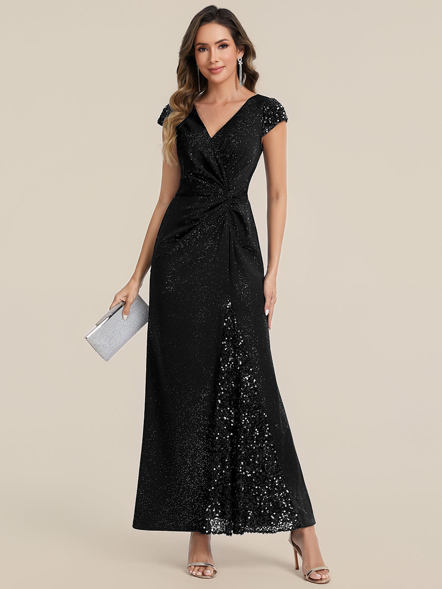 KAIA Silver Knotted Sequin Cap Sleeve Maxi Evening Dress