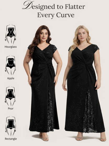 KAIA Silver Knotted Sequin Cap Sleeve Maxi Evening Dress