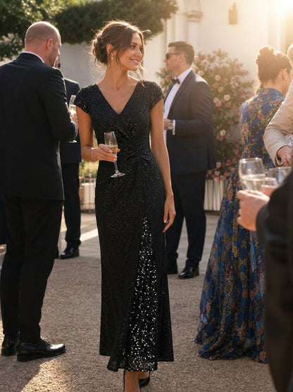 KAIA Silver Knotted Sequin Cap Sleeve Maxi Evening Dress