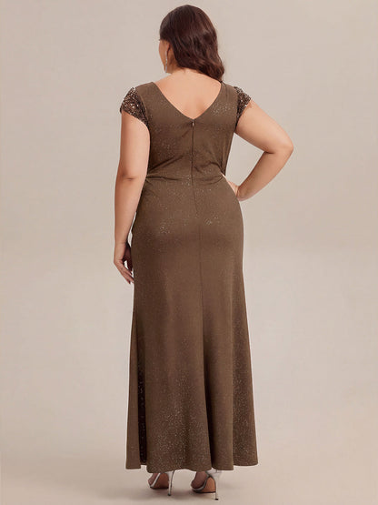KAIA Silver Knotted Sequin Cap Sleeve Maxi Evening Dress