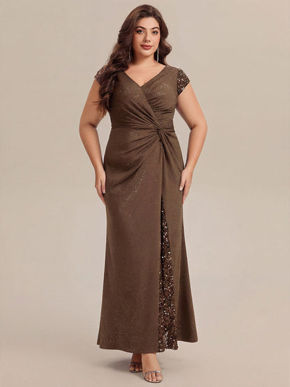 KAIA Silver Knotted Sequin Cap Sleeve Maxi Evening Dress