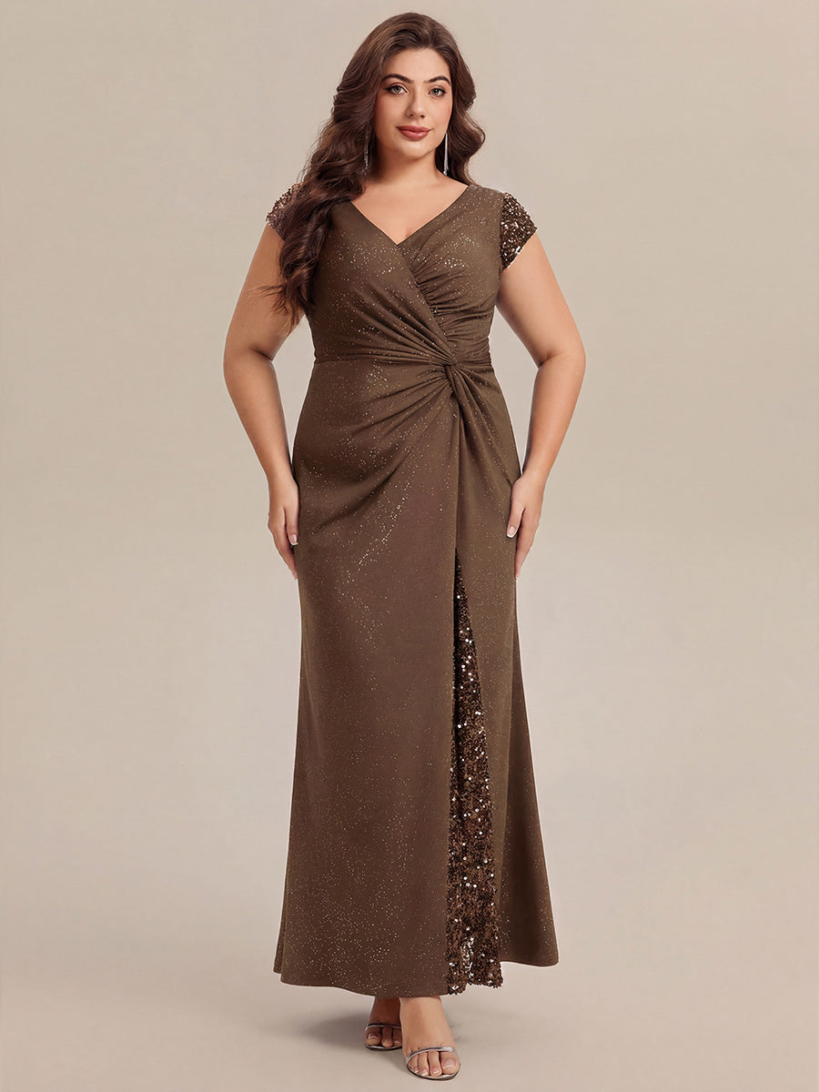 KAIA Silver Knotted Sequin Cap Sleeve Maxi Evening Dress