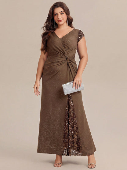 KAIA Silver Knotted Sequin Cap Sleeve Maxi Evening Dress
