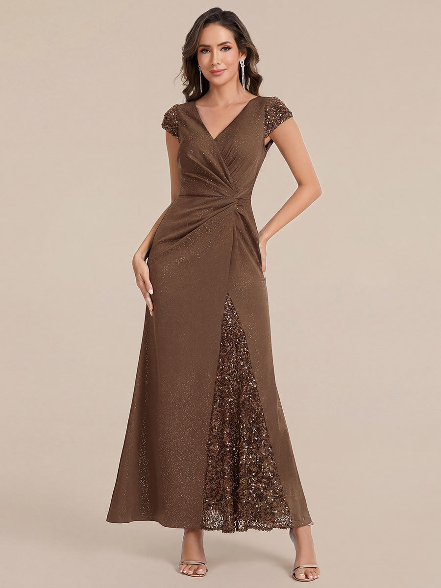 KAIA Silver Knotted Sequin Cap Sleeve Maxi Evening Dress