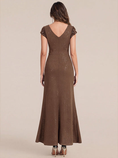KAIA Silver Knotted Sequin Cap Sleeve Maxi Evening Dress
