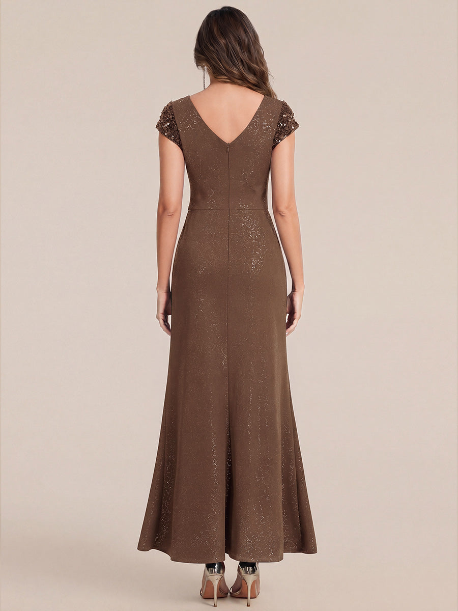 KAIA Silver Knotted Sequin Cap Sleeve Maxi Evening Dress